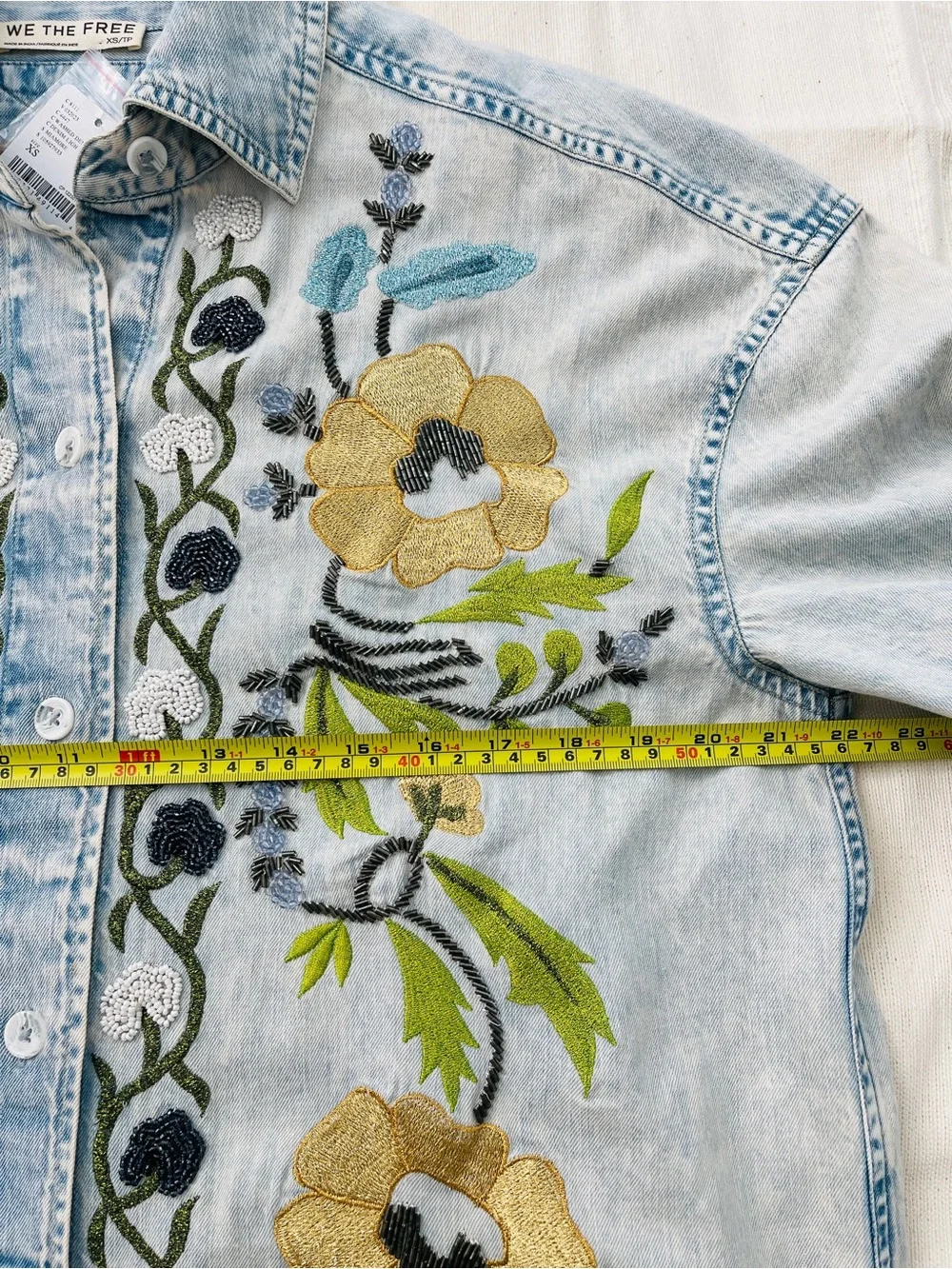 NWT Free People Mi Amor Embroidered Beaded Western Denim Shirt Size XS
